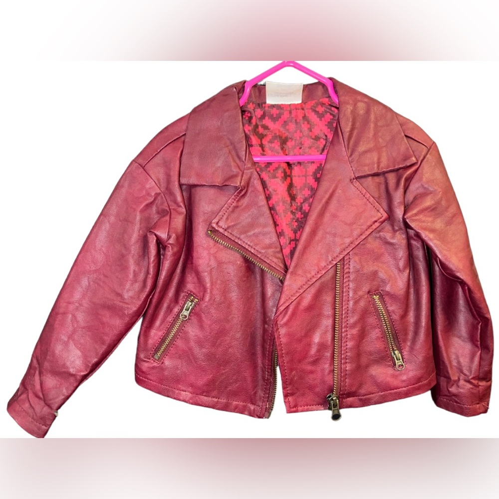 Girls Motorcycle Faux Leather Jacket 2T Burgundy